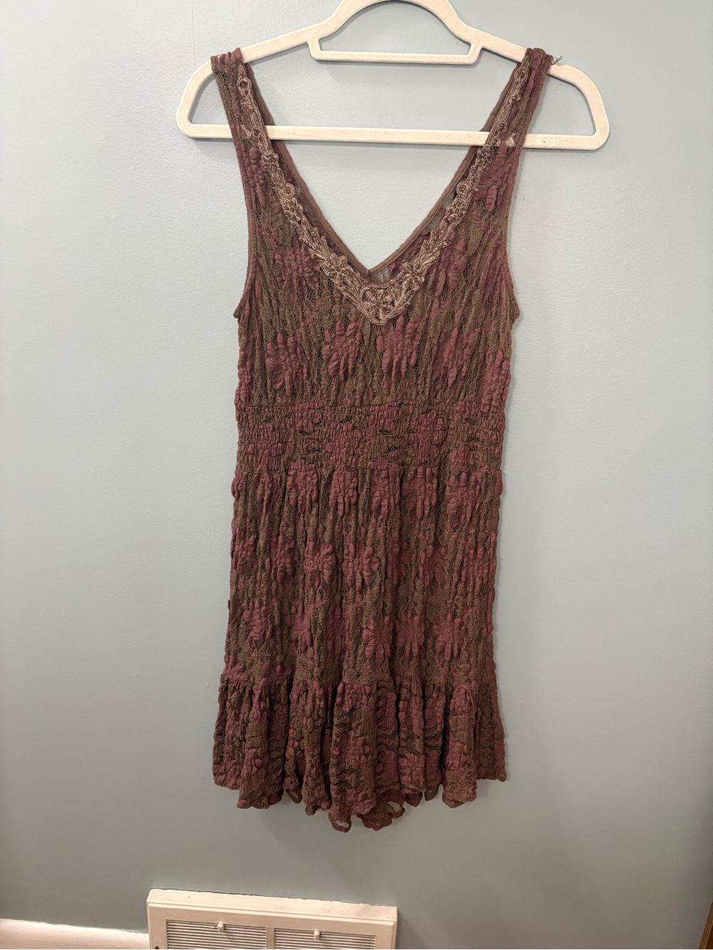 Free People Brown and Purple Lace Dress with Beaded Neckline